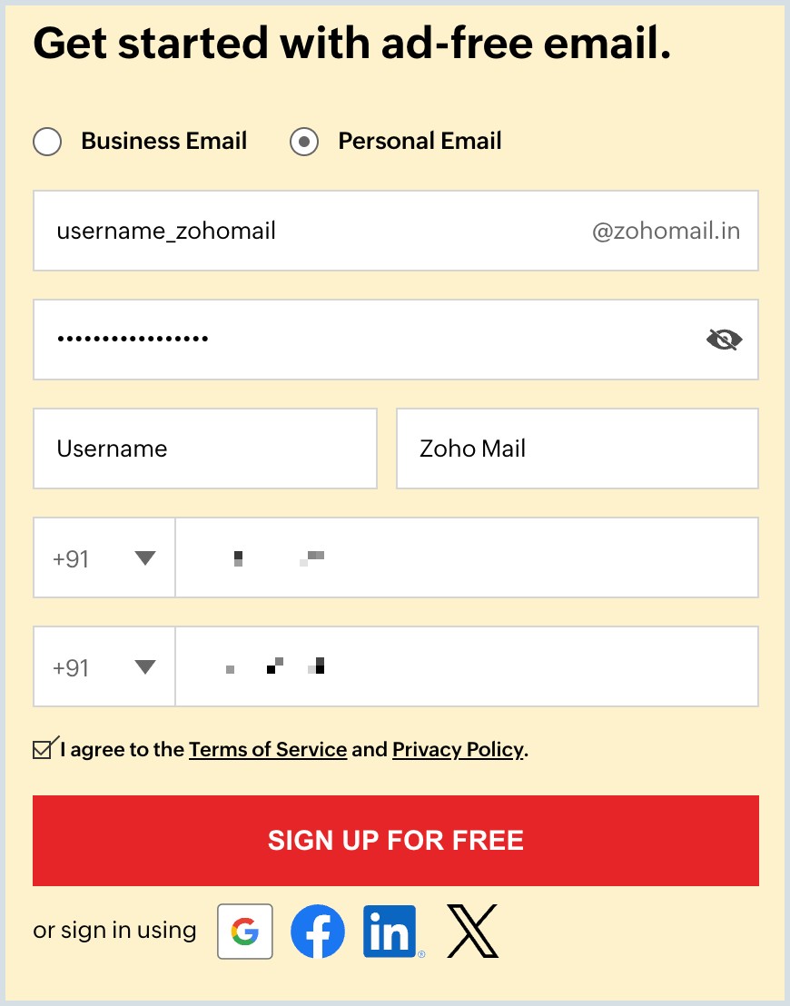 Zoho Mail signup overview